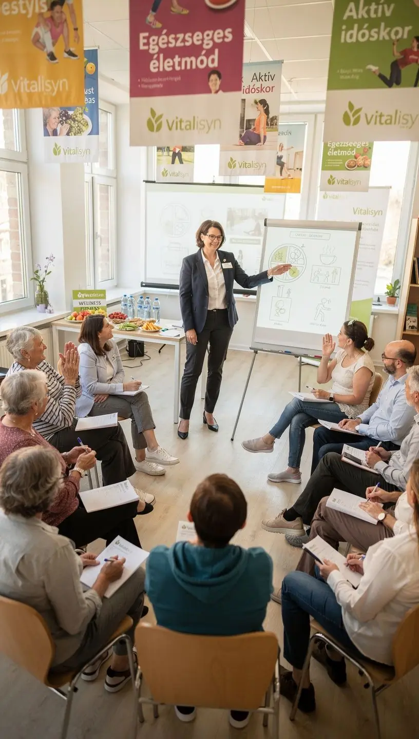 Csoportos edzés a szabadban, ahol az idősebb résztvevők együtt dolgoznak a fittségi céljaik elérésén.