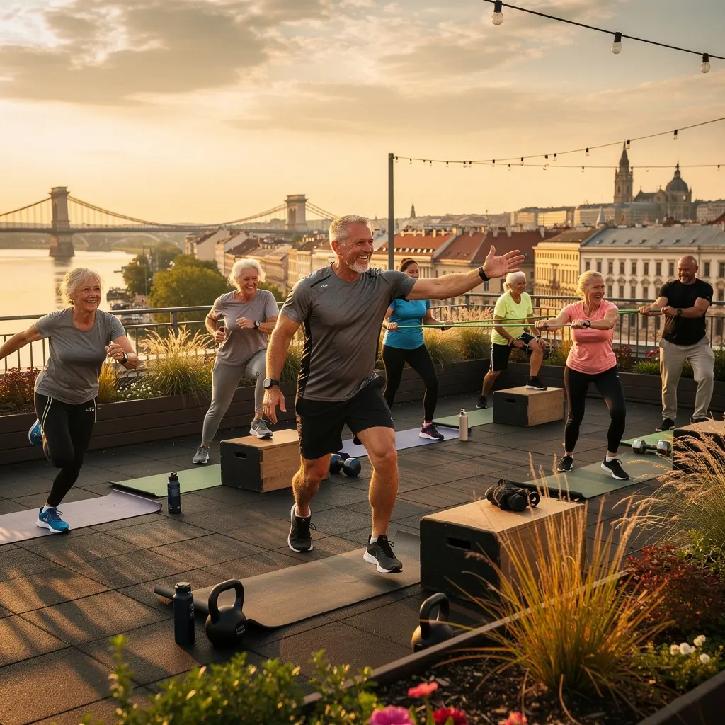 Idősebb felnőttek csoportos edzése, akik funkcionális fitnesz gyakorlatokat végeznek a szabadban.